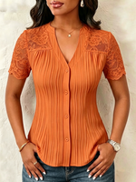 V-neck Vertical Pleat Lace Splice Fitted Short Sleeve Blouse
