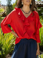 Women's Solid Color V-neck Ruffled Long-sleeved Casual Loose Cotton And Linen Top