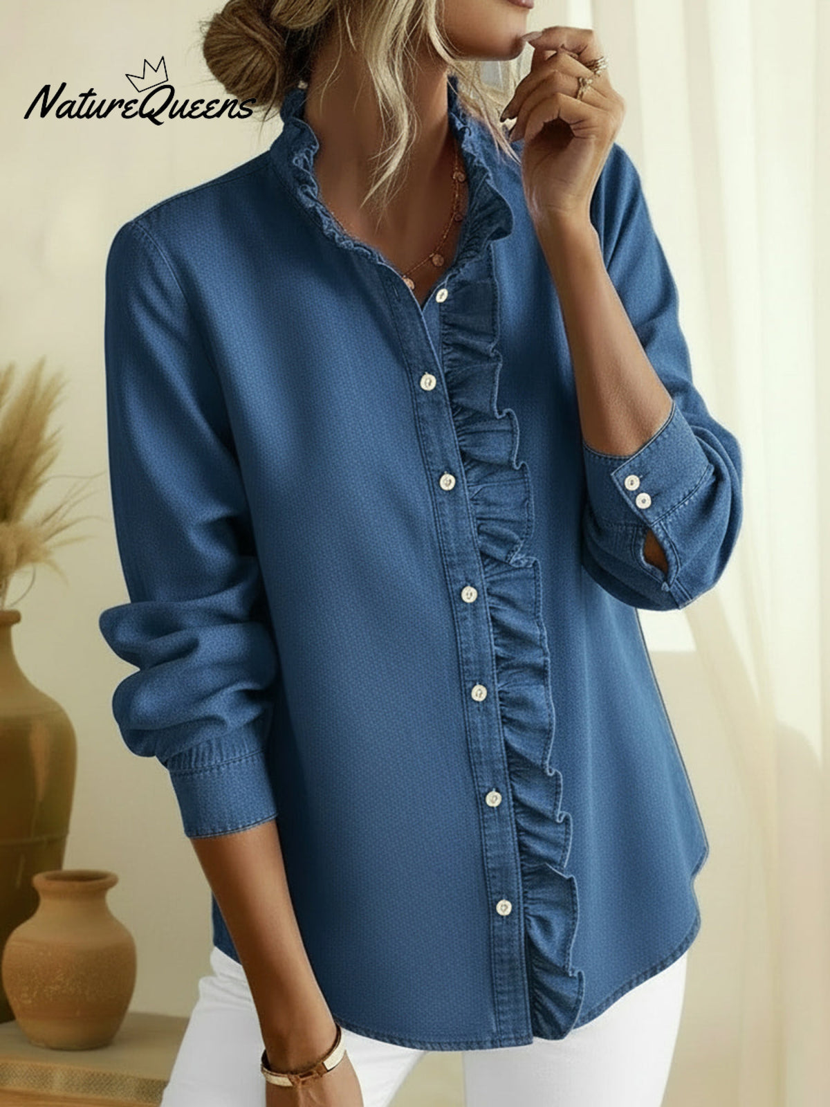 Elegant Lace-collared Denim Shirt Top