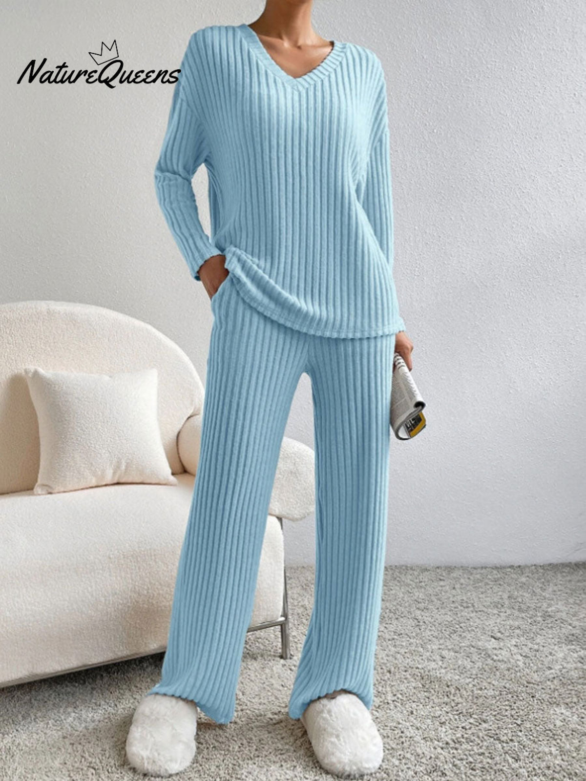 Women's Solid Color Casual Straight Leg Pants Loose V-neck Knit Set