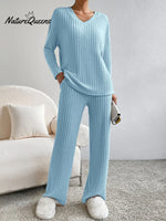 Women's Solid Color Casual Straight Leg Pants Loose V-neck Knit Set