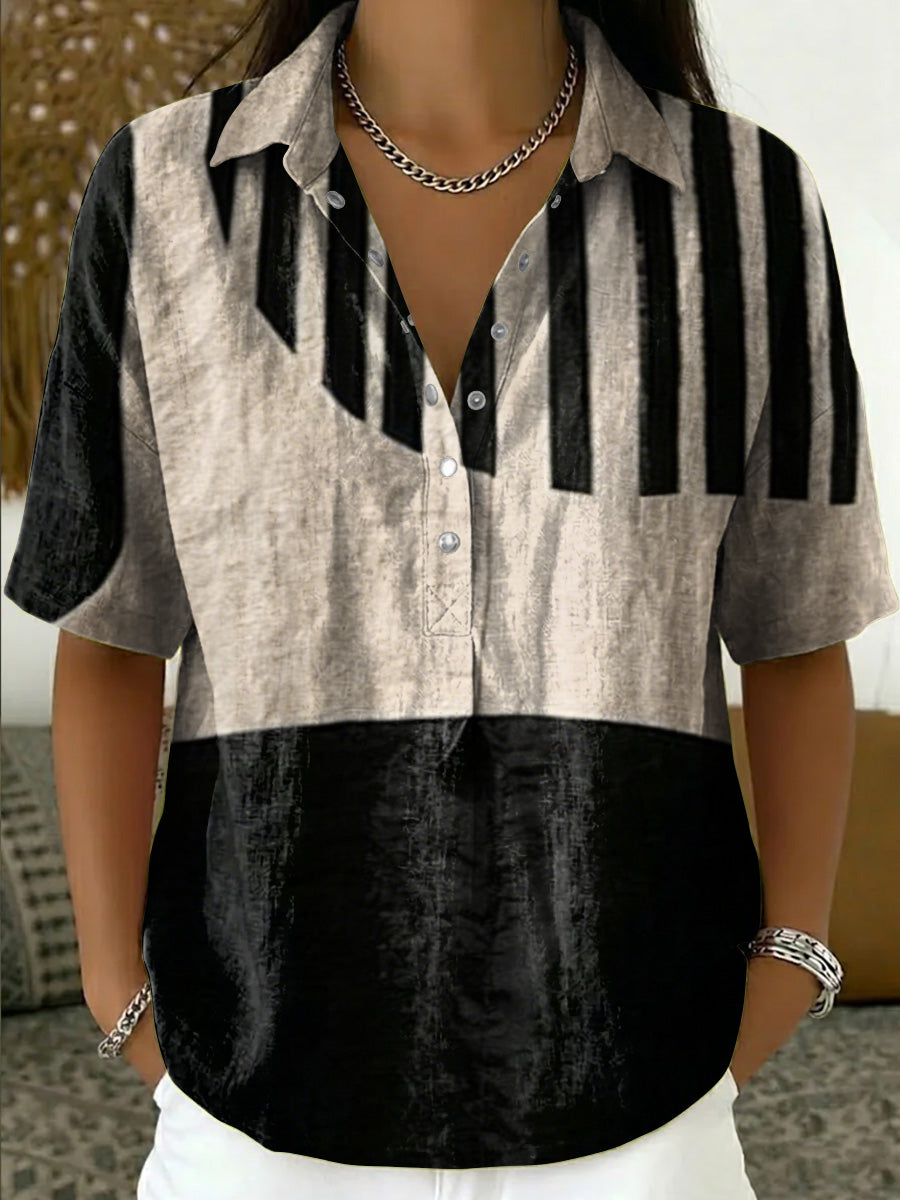 Women's Color-block Loose-fit Casual Cotton-linen Short-sleeve Popover Shirt