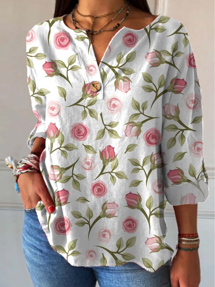 Women's Floral Art Pattern Print Casual Cotton Linen Shirt