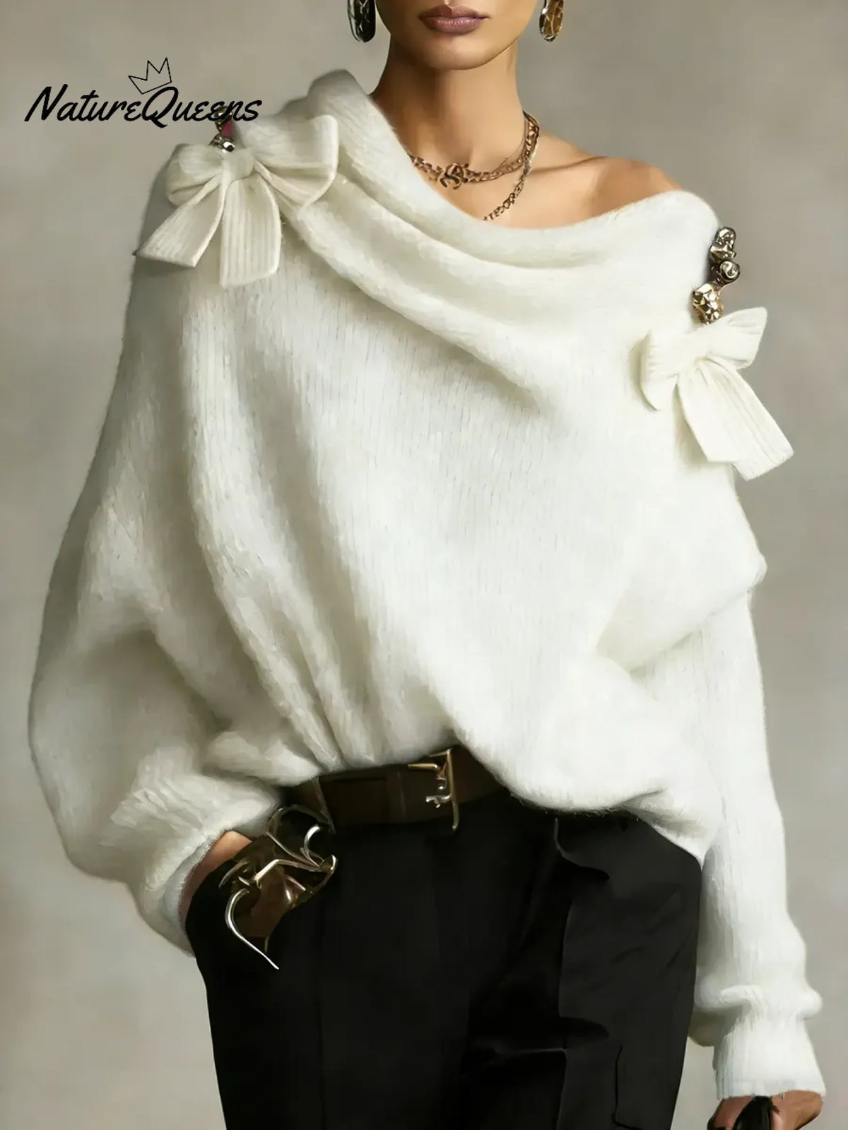 Women's Solid Color Off-the-shoulder Long-sleeved Casual Loose-fitting Knitted Sweater