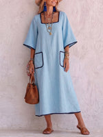 Minimalist Elegant Cotton-linen Dress With Color-contrast Trim