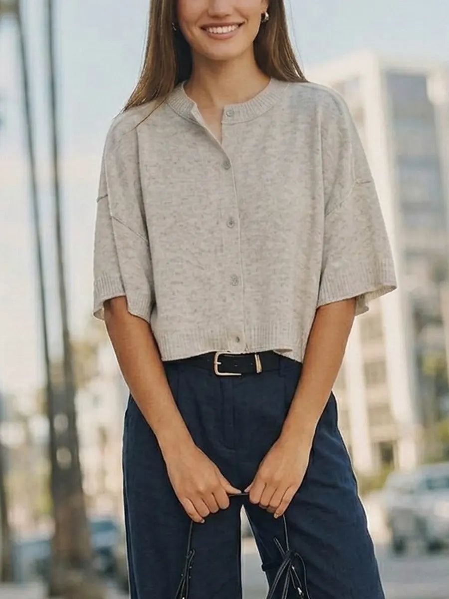 Women Grey Ribbed Crew Neck Half Button Knit Top, Drop Shoulder Short Sleeve Cropped Relax Fit Knit Cardigan Blouse