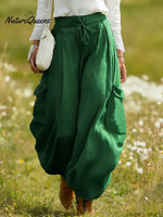 Women's Solid Color High-waisted Drawstring Casual Loose Cotton Wide-leg Pants