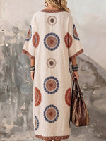 Women's Retro Geometric Print V-neck 3/4-sleeve Casual Loose Cotton-linen Dress