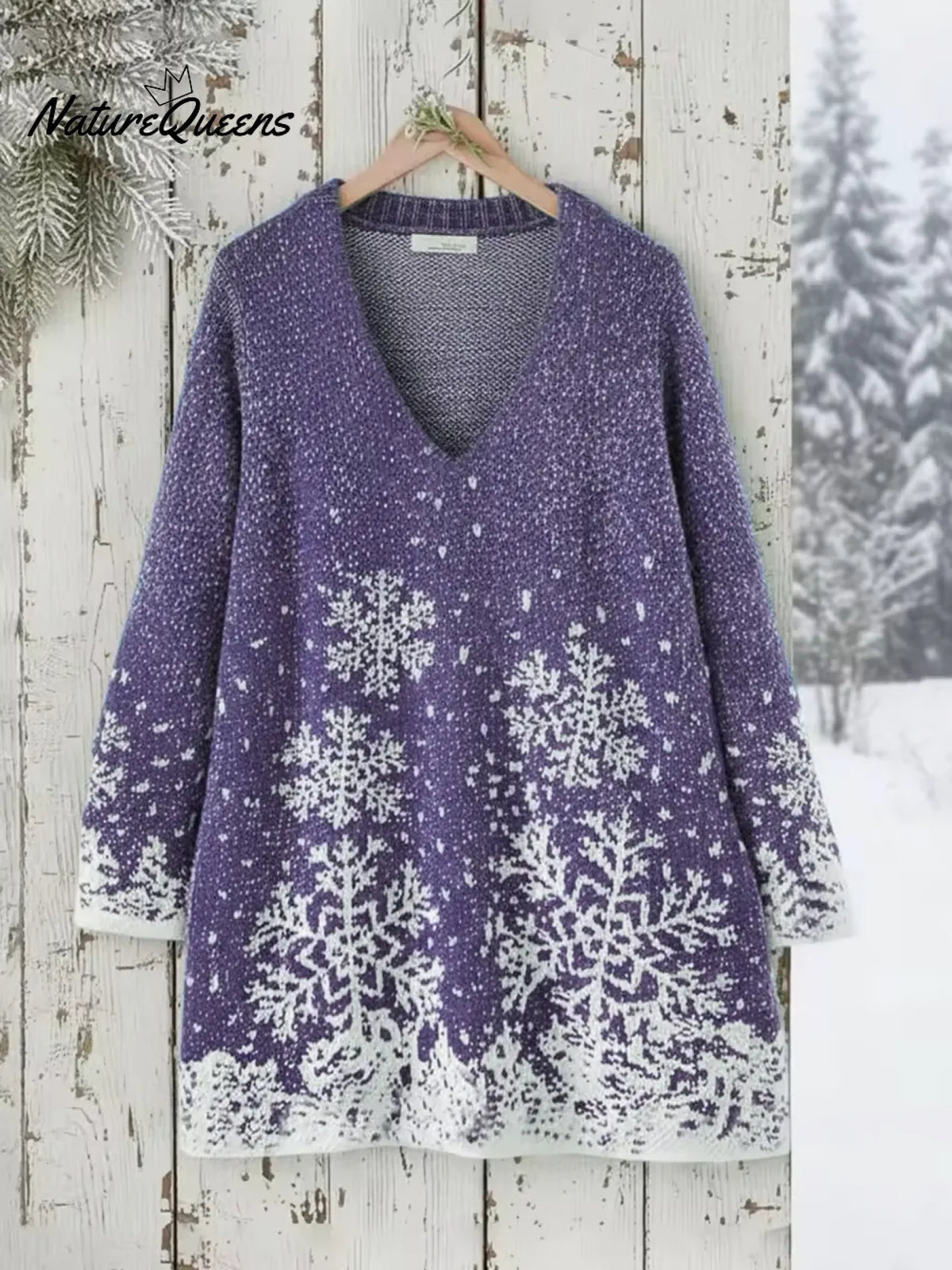 Blue Snowy Night V-neck Loose-fitting Sweater