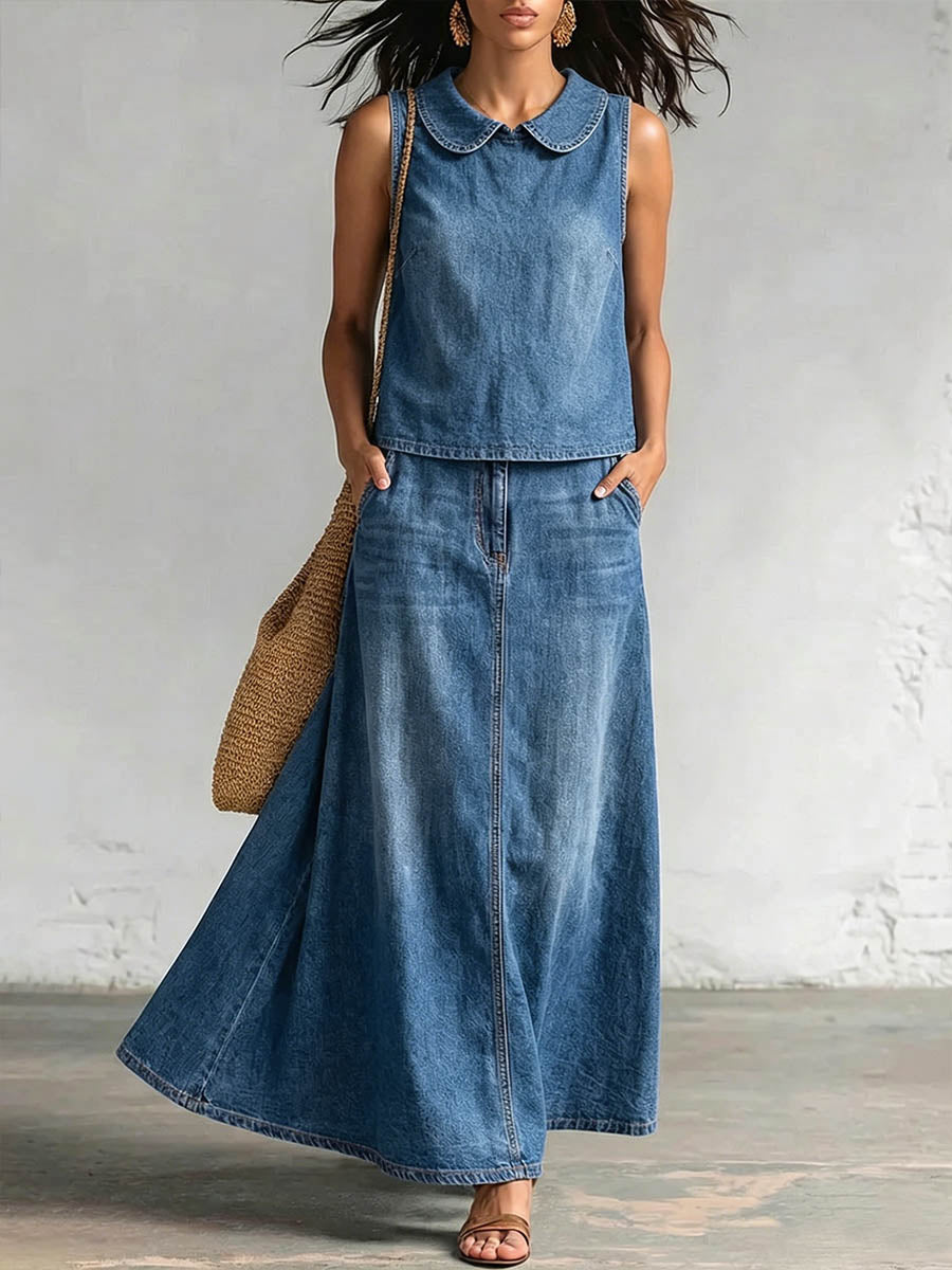 Women's Casual Denim Set: Sleeveless Loose-fit Top With Peter Pan Collar & High-waisted A-line Skirt