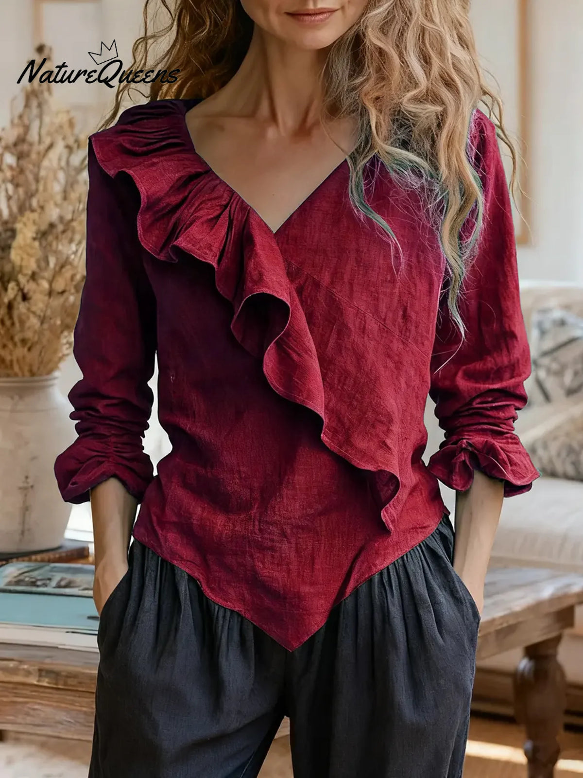 Women's Solid Color V-neck Long Sleeve Casual Loose Ruffled Cotton Linen Top