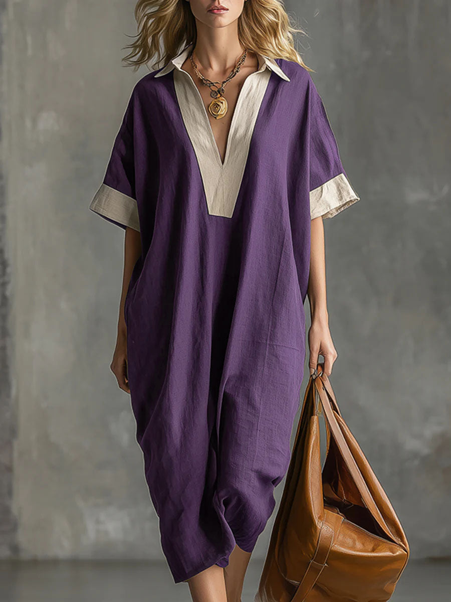 Women's Color-block V-neck Short-sleeved Casual Loose Cotton And Linen Dress