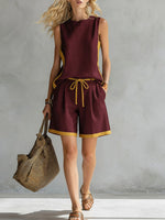 Women's Round Neck Sleeveless Casual Loose Vest And Elastic Waist Casual Loose Shorts Cotton And Linen Set.