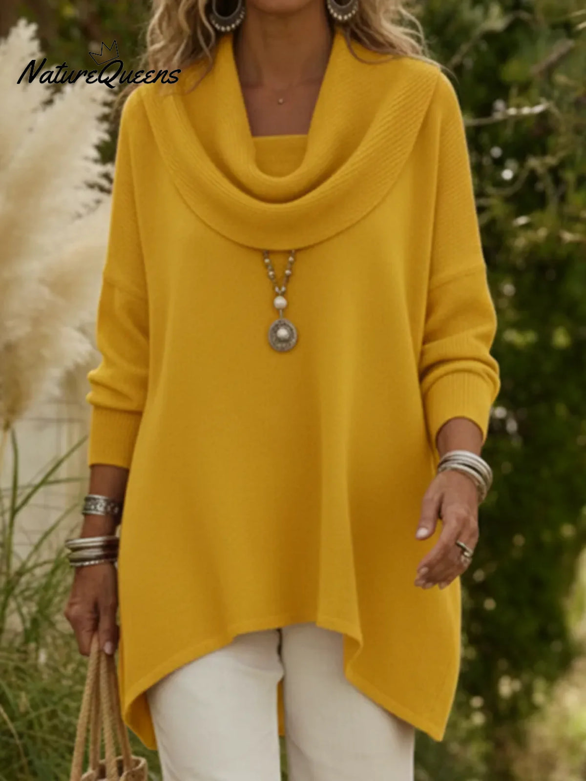 Elegant Draped Collar Irregular Hem Sweater Pullover