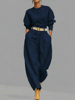 Casual Linen And Cotton Crew-neck Shirt And High-waisted Tapered Trousers Two-piece Set.