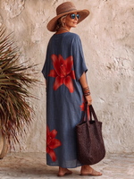 Retro Artistic Lily Print V-neck Cotton Dress