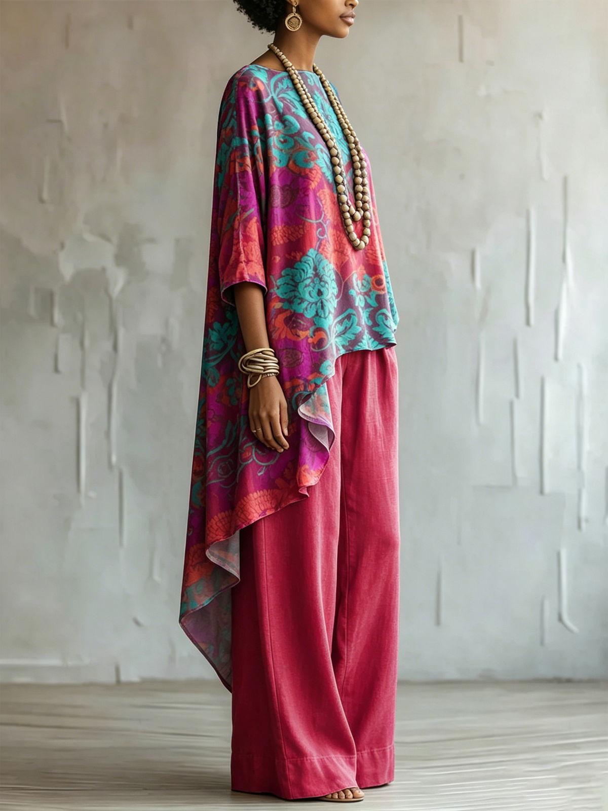 Loose-fit Ethnic-patterned Cotton-linen Top + Wide-leg Pants Set