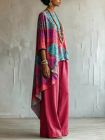 Loose-fit Ethnic-patterned Cotton-linen Top + Wide-leg Pants Set
