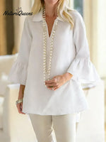 Women's Solid Color V-neck Three-quarter Sleeve Casual Loose Cotton And Linen Top