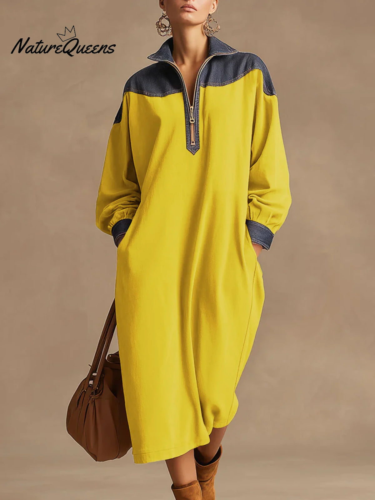 Women's Color-blocked Stand Collar Long Sleeve Casual Loose Cotton Dress