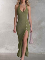 Halter-neck Knitted Slim-fit Maxi Dress With Side Slit