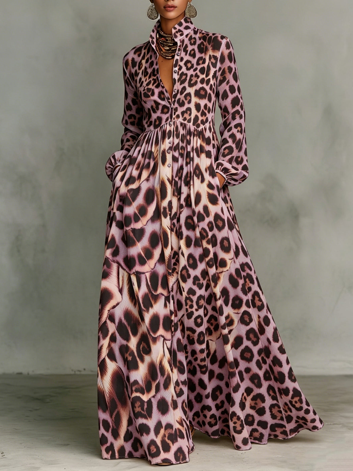 Classic Leopard Print Color-block Dress — Featuring A Turn-down Collar, Cinched Waist, And Flared Skirt