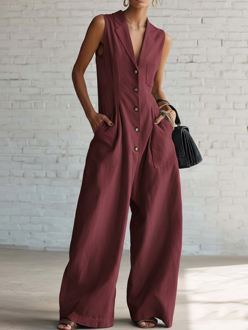 Elegant Lapel Button-up Loose-fitting Linen Jumpsuit