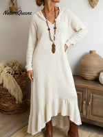 Boho Casual Loose-fitting Hooded Ruffled Hem Midi Knit Dress