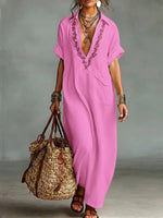 Loose-fitting V-neck Linen And Cotton Dress