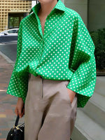 Women's Shirt-collar Long-sleeve Loose-fit Casual Top With Polka Dot Print