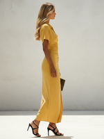 Elegant Lapel-collar Pleated Midi Dress