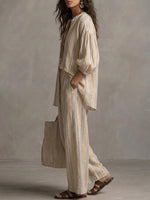 Women's Bohemian Loose Striped Cotton And Linen Set