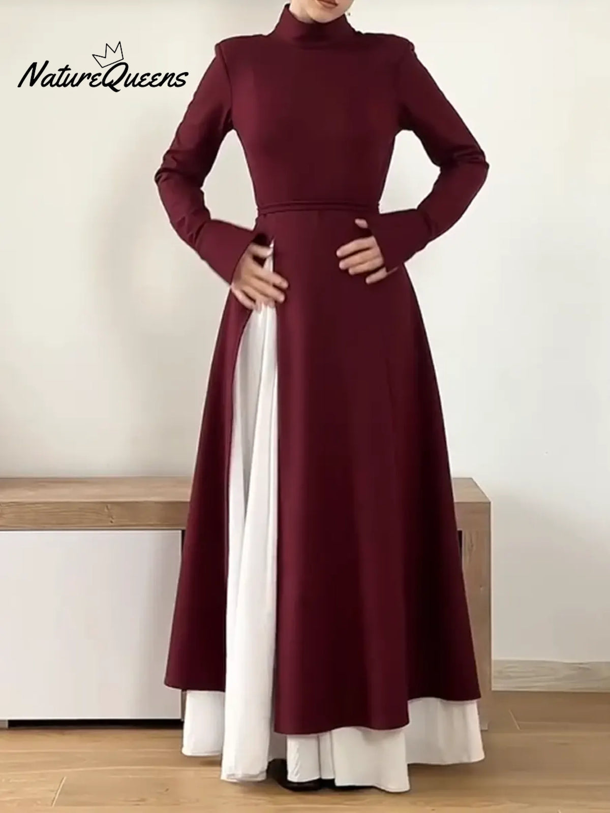 Women's Belted Long-sleeved Wool Blend Dress