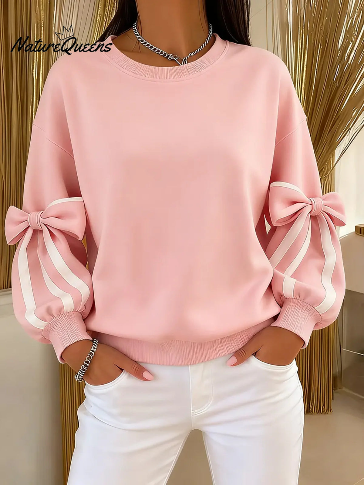 Women's Crew Neck Long Sleeve Color Block Bow Casual Loose Sweatshirt