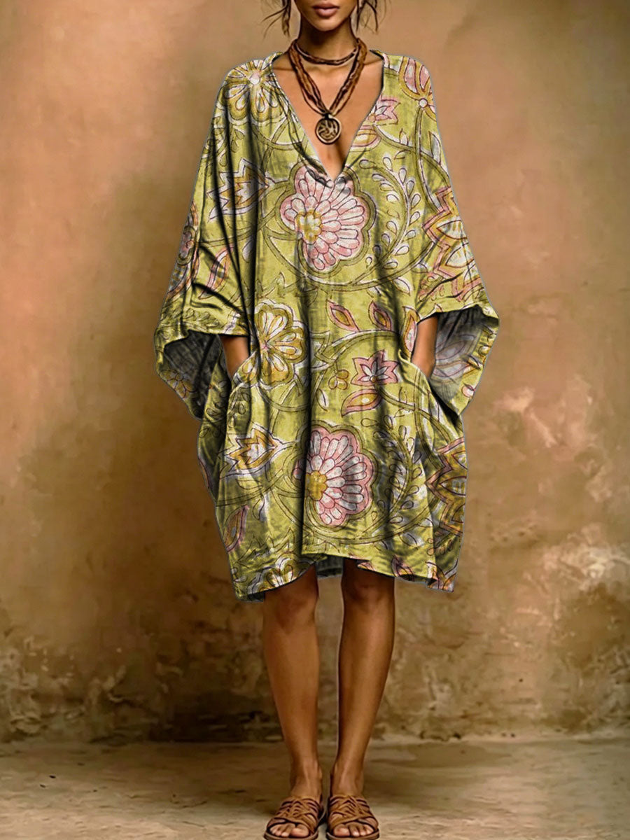 Women's Vintage Floral Print Short-sleeve Cotton-linen Dress