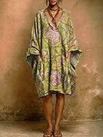 Women's Vintage Floral Print Short-sleeve Cotton-linen Dress