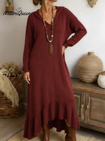 Boho Casual Loose-fitting Hooded Ruffled Hem Midi Knit Dress