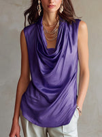Women's Solid-color Cowl Neck Sleeveless Casual Loose-fit Satin Top