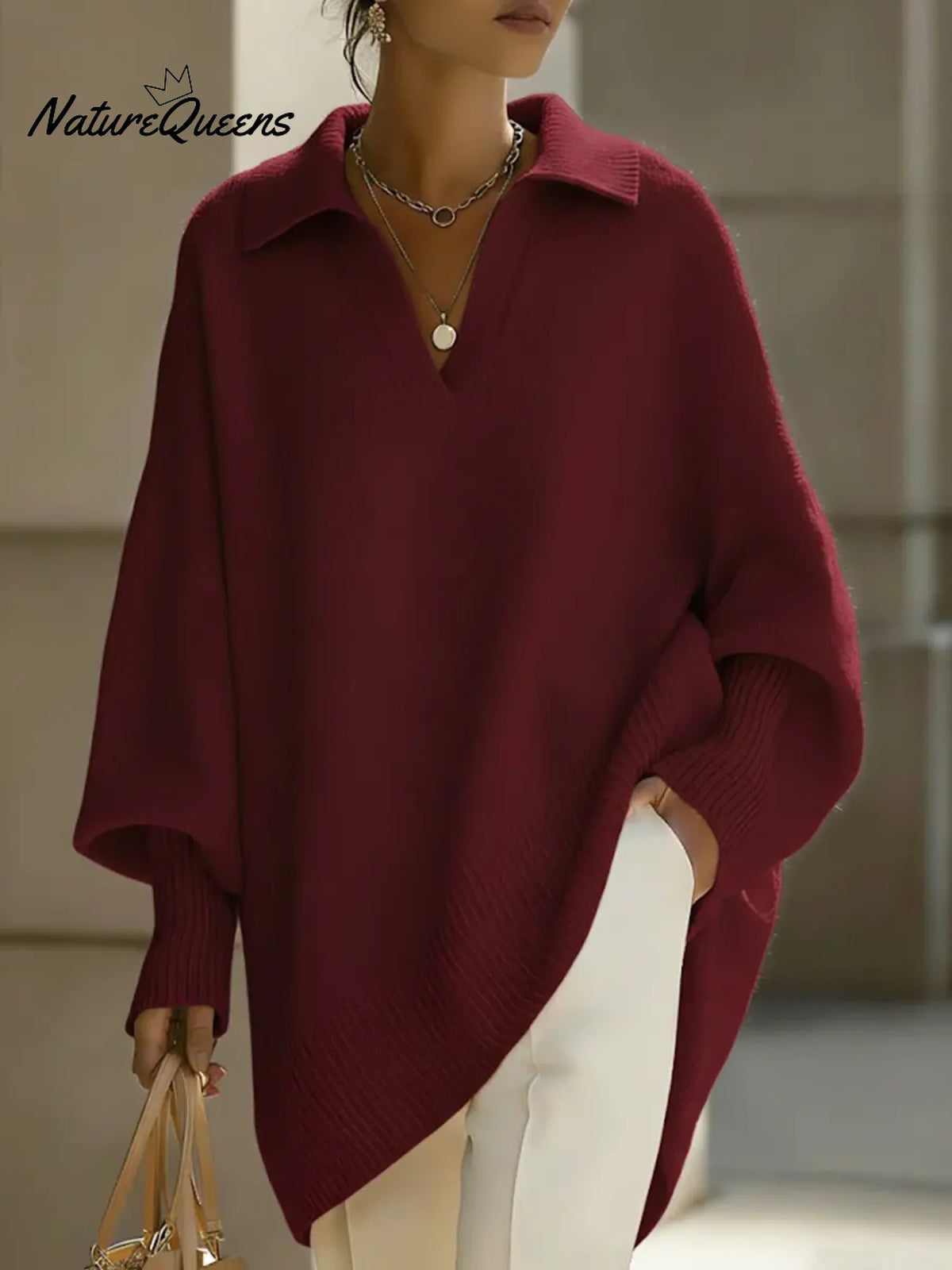 Women's Solid Color V-neck Long-sleeved Casual Loose-fitting Knitted Pullover Sweater