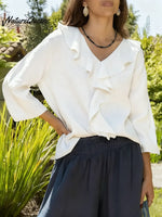 Women's Solid Color V-neck Ruffled Long-sleeved Casual Loose Cotton And Linen Top