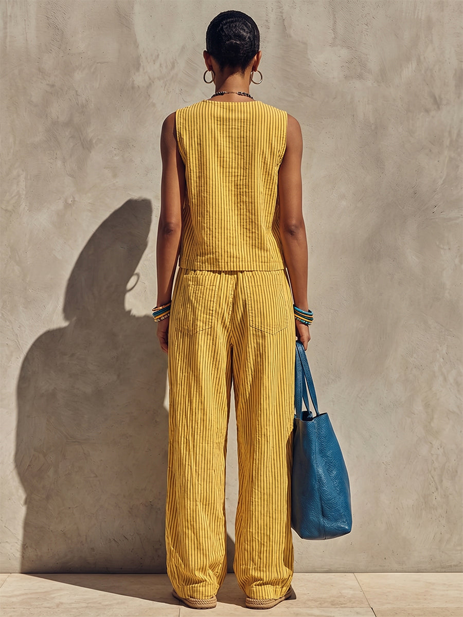 Women's Minimalist-style Striped Casual Cotton Two-piece Set