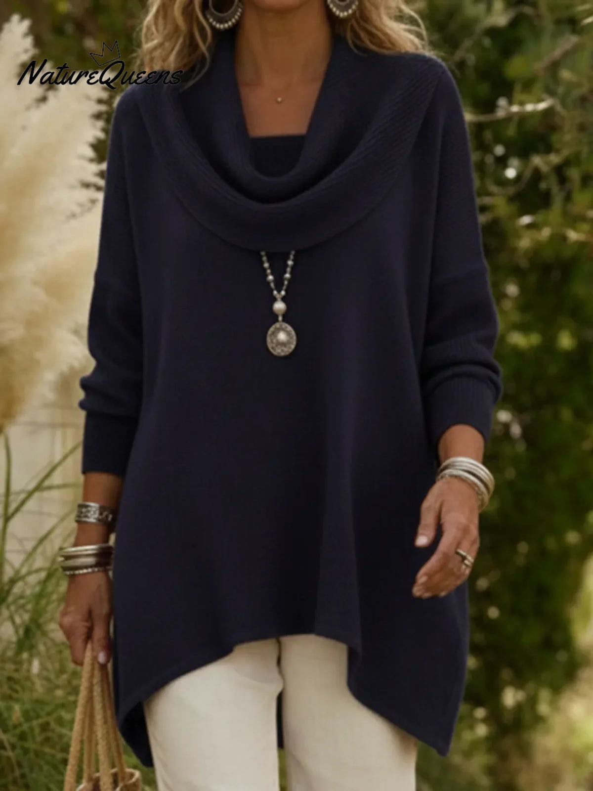 Elegant Draped Collar Irregular Hem Sweater Pullover