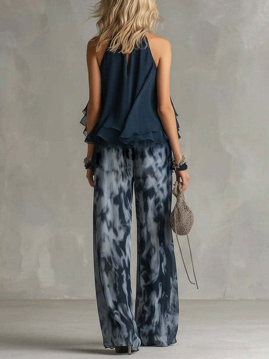 Women's Sleeveless Halter-neck Top And Printed Wide-leg Chiffon Pant Set