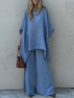 Women's Solid-color Cotton-linen Set: Loose-fit Round-neck 3/4-sleeve Top & High-waisted Wide-leg Pants