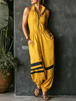 Women's Placement-print Collared Sleeveless Loose-fit Wide-leg Jumpsuit
