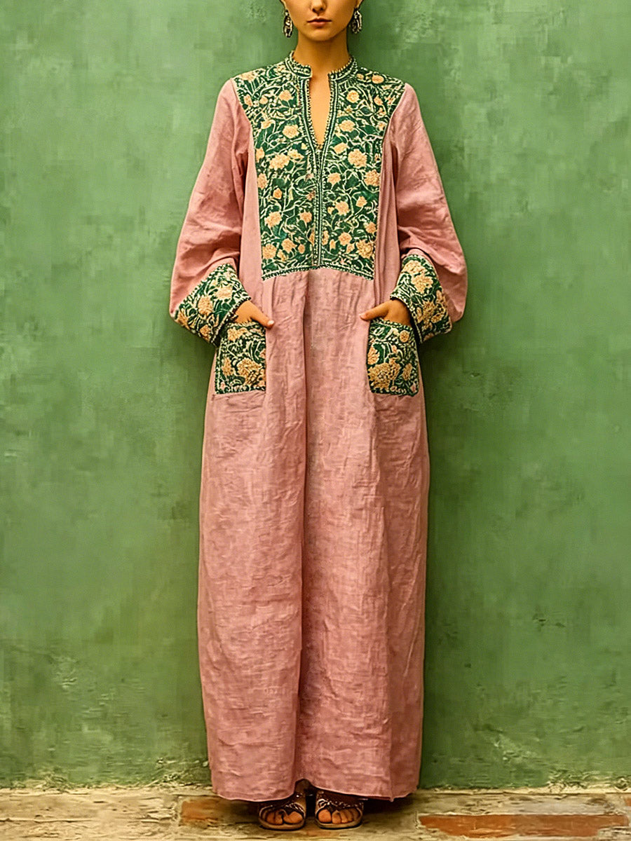 Women's Retro Ethnic Floral Pattern Art Print Casual Cotton Linen Dress