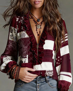 Women's Retro Ethnic Floral Art Casual Ruffled Zip Stylish Cotton Shirt