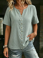 Women's Causal Short Sleeve Floral Woven Ribbon V-neck Cotton Top