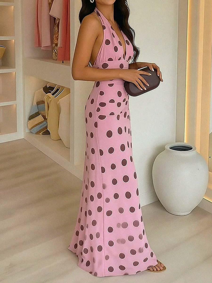 Women's Stylish Polka Dot Print V-neck Casual Sleeveless Elegant Dress