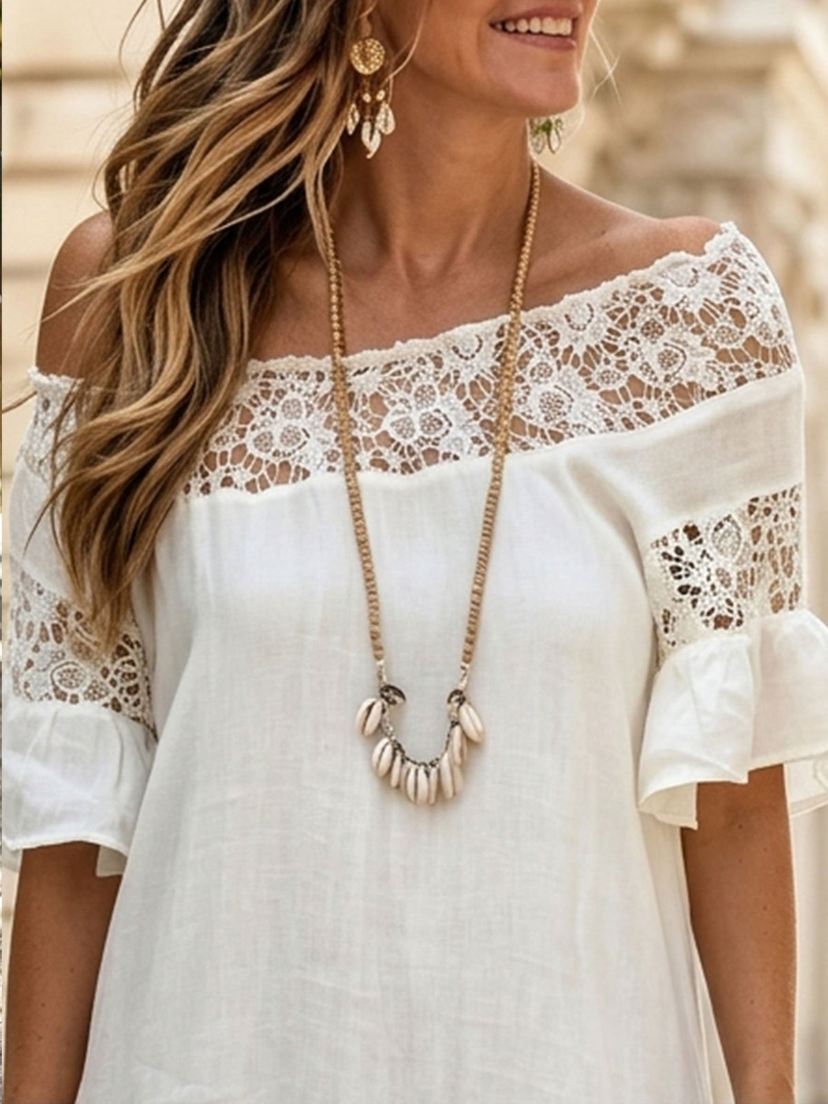 Women’s Lace Off Shoulder Casual Short Sleeve Cotton Linen Maxi Dress